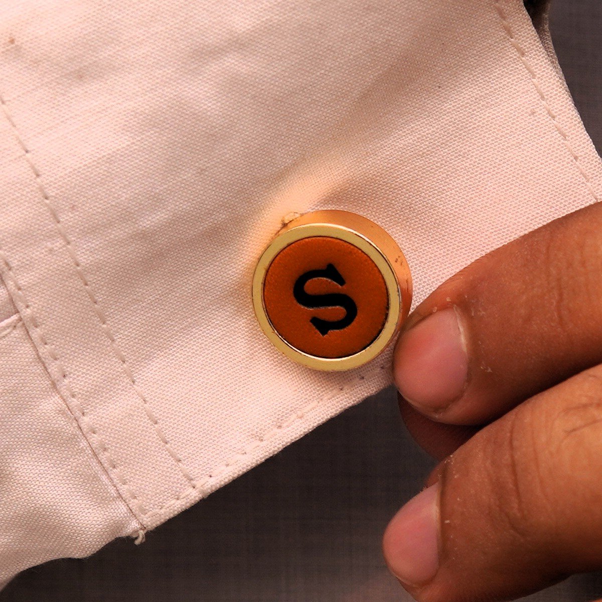 Brass Cufflink With Light Brown Leather Available In 14 Alphabetic