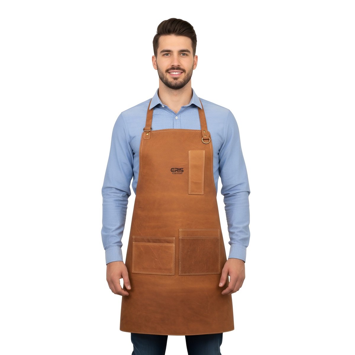 Eris Leather 7 Handmade Brown Leather Apron 4 Large Pockets & Pen Holder Front