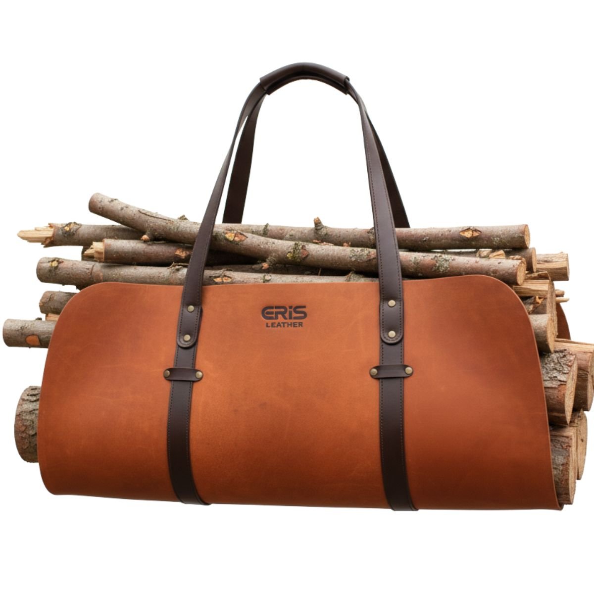 Leather Cognac Log Carrier with Full Grain Firewood Bag Filled