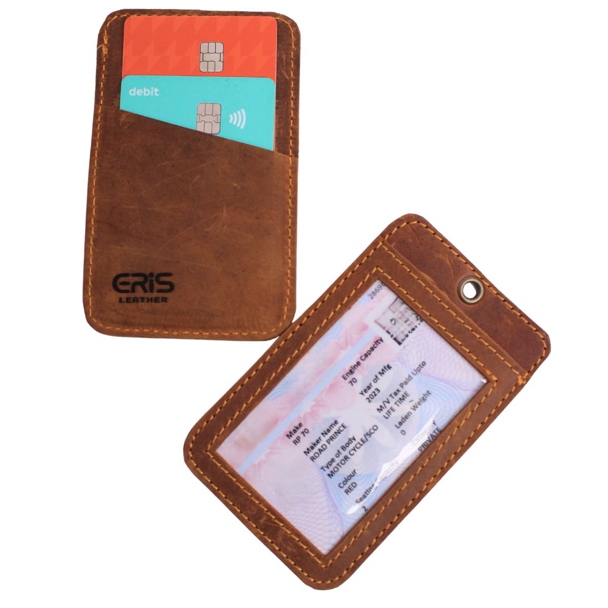 Leather Light Brown ID Card Holder with Full Grain Cowhide Back