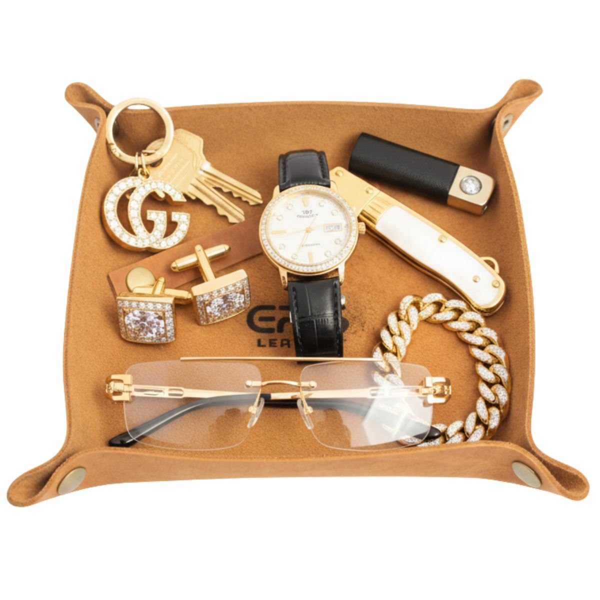 Leather Light Brown Wallet Tray with Valet Organizer Filled