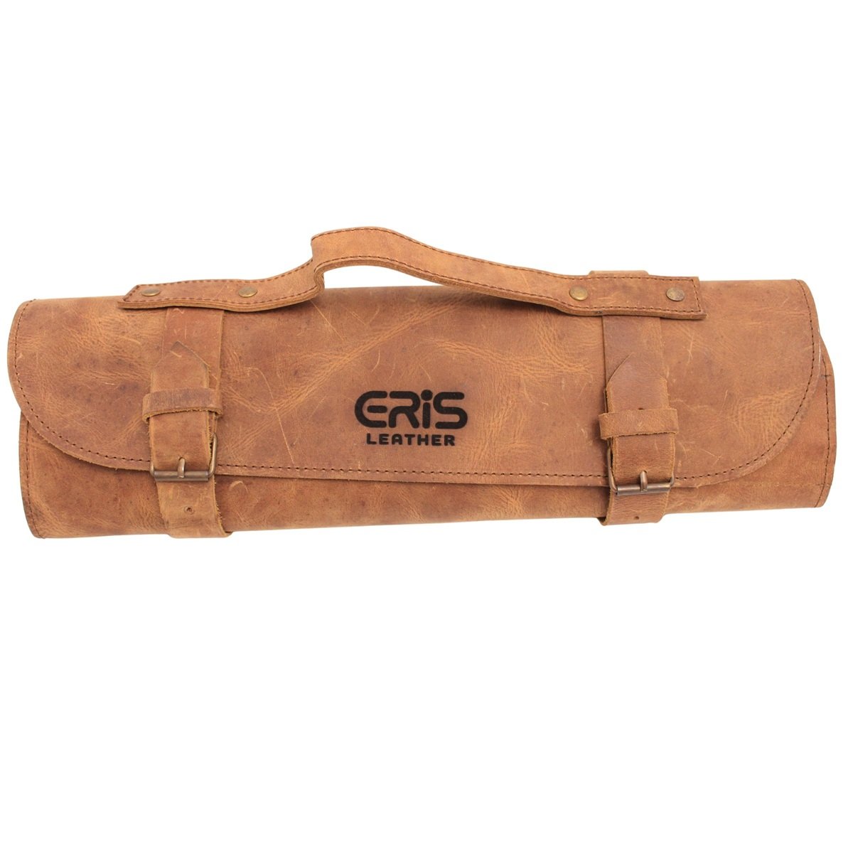 Eris Leather 16 Personalized Brown Leather Knife Roll Bag With 7 Slots