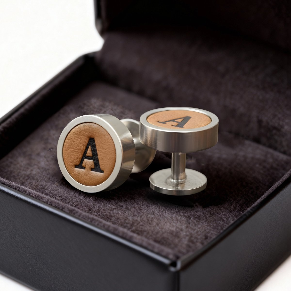 Steel Cufflink With Dark Brown Leather